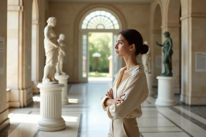 Femme contemplant deux statues grecques dans une galerie lumineuse