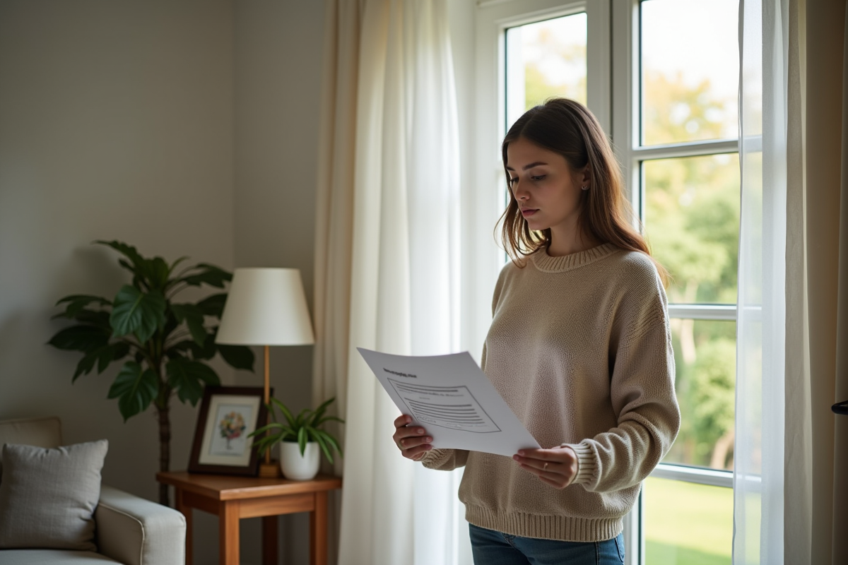 Jeune femme tenant une déclaration de prêt immobilier près de la fenêtre