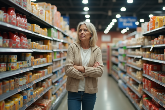 Femme d'âge moyen examine des conserves dans une épicerie moderne