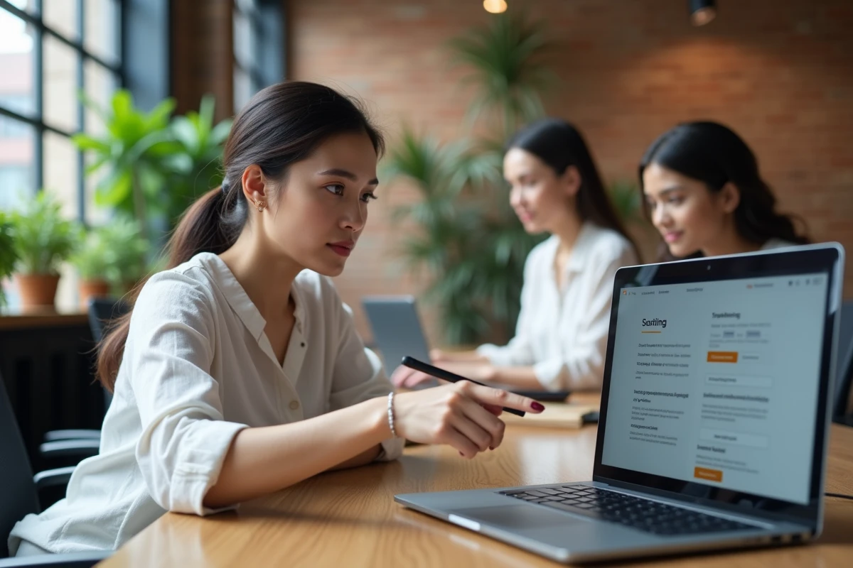 Femme en open space consultant une FAQ de dépannage sur son ordinateur portable avec des collègues en arrière-plan