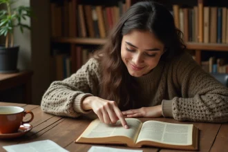 Femme consultant un dictionnaire vintage avec des fiches de vocabulaire rare pour préparer une soirée jeu du pendu