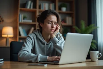 Femme frustrée devant un message d'erreur de connexion sur son ordinateur portable à la maison