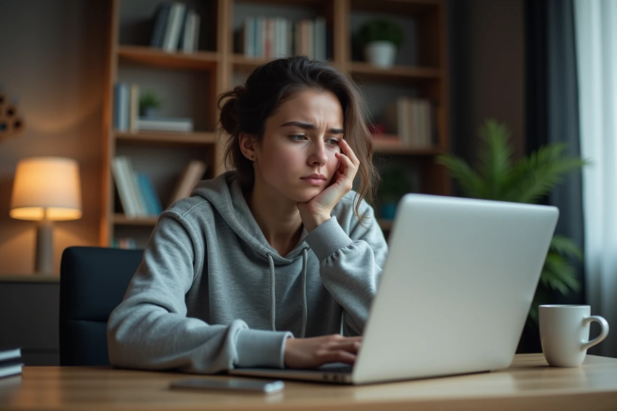 Femme frustrée devant un message d'erreur de connexion sur son ordinateur portable à la maison