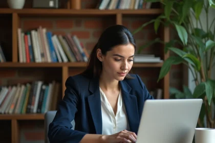 Femme consultant un site de média culturel sur son ordinateur portable dans un bureau moderne, évaluant la fiabilité des sources d'information