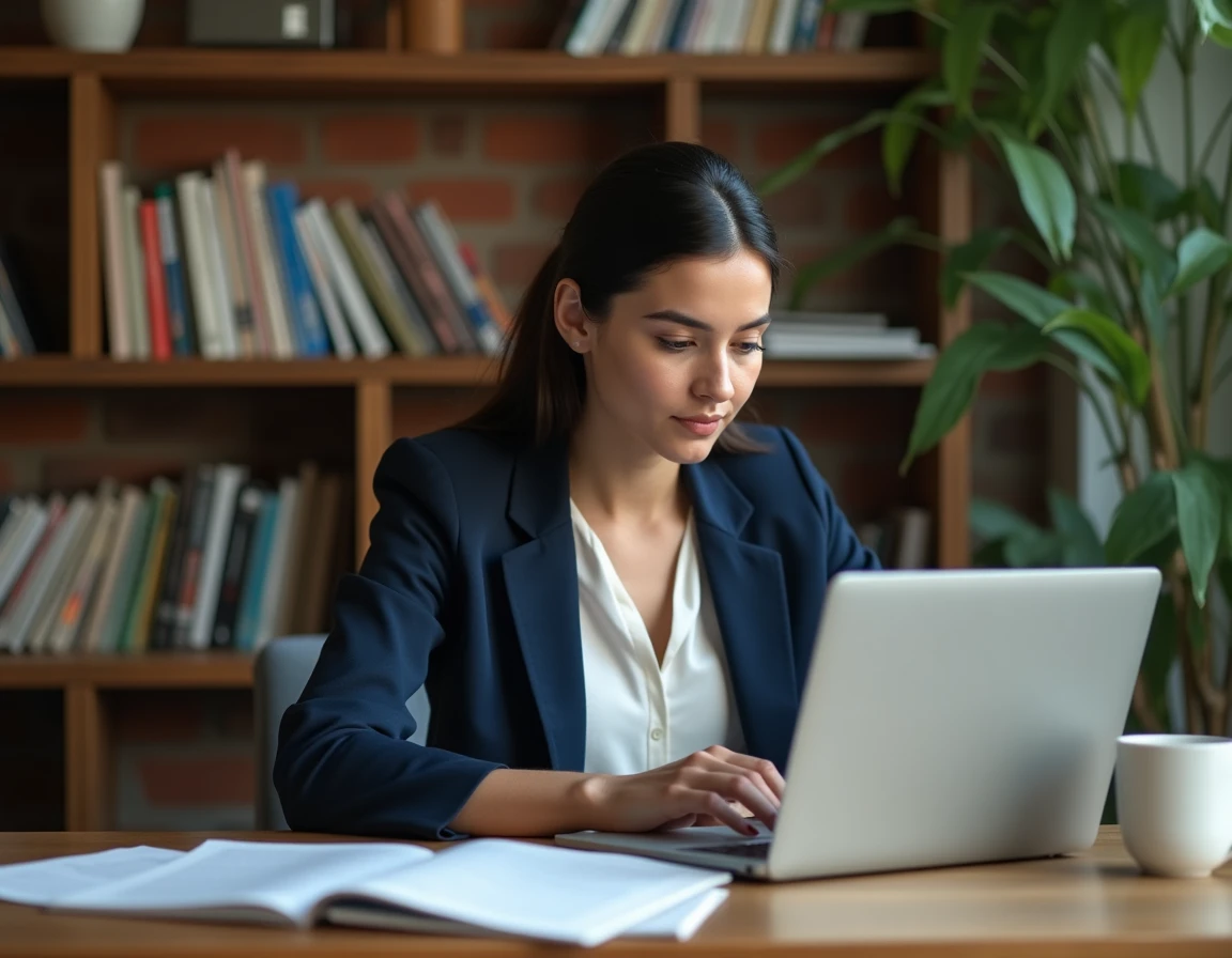 Femme consultant un site de média culturel sur son ordinateur portable dans un bureau moderne, évaluant la fiabilité des sources d'information
