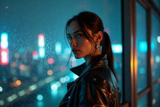 Jeune femme cyberpunk avec implants devant une ville pluvieuse