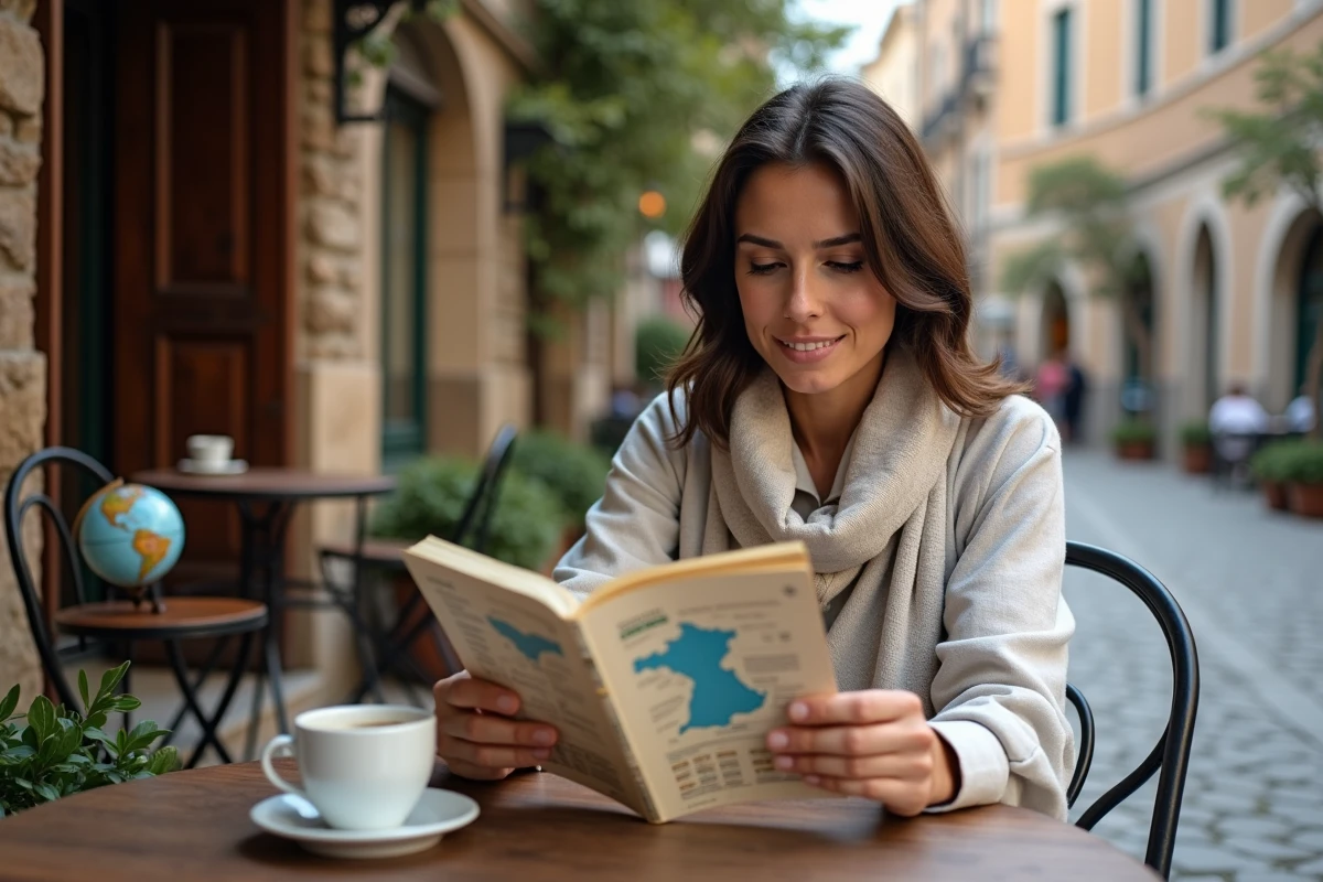 Femme lisant un guide de voyage sur les pays commençant par F dans un café de rue européen pavé