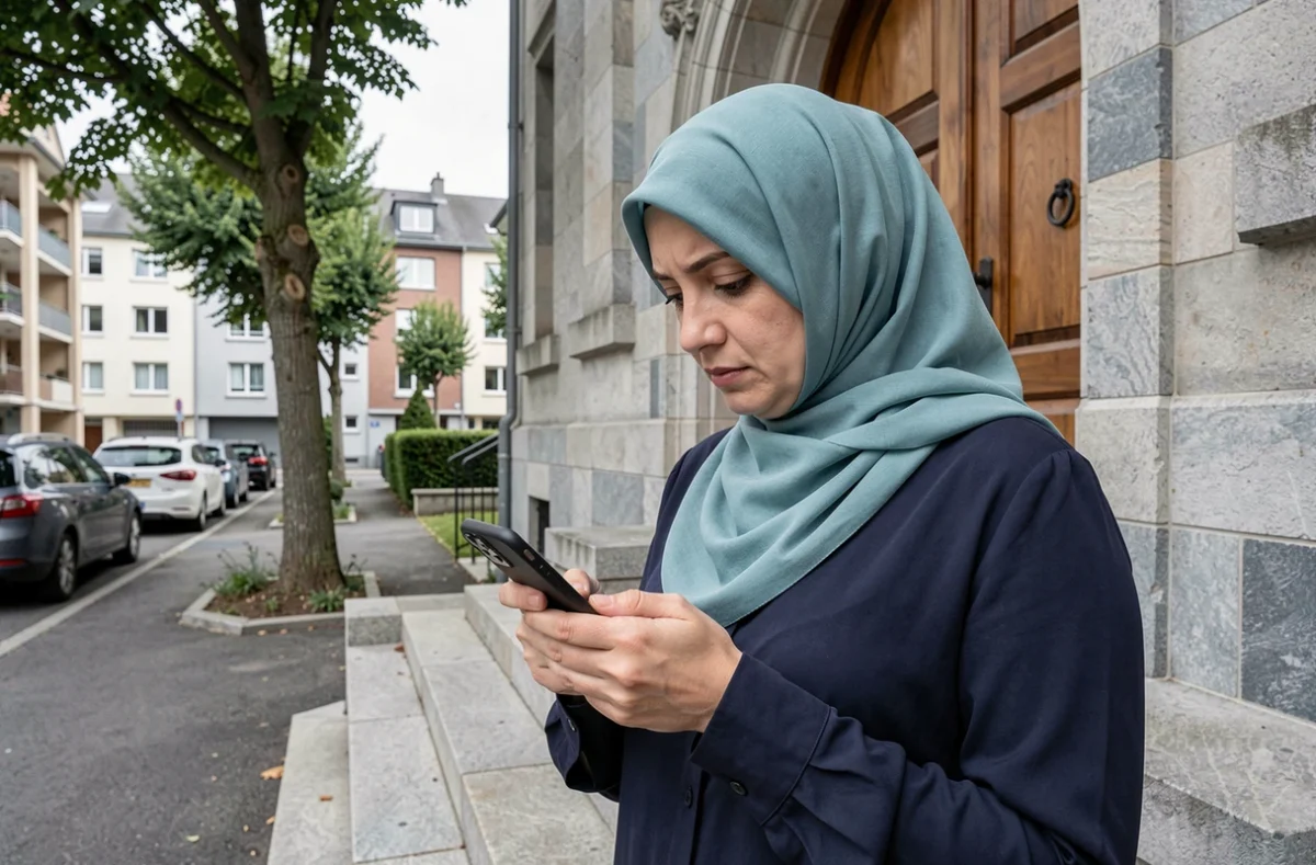 Femme en hijab vérifiant l'heure de prière sur son téléphone devant une mosquée à Argenteuil