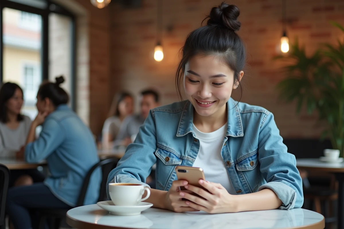Femme jouant à un jeu mobile de type Monopoly GO dans un café urbain avec son smartphone