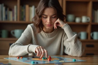 Femme assise à la table joue à un jeu de société à la maison