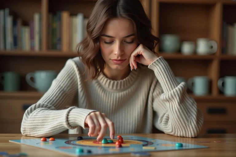 Femme assise à la table joue à un jeu de société à la maison