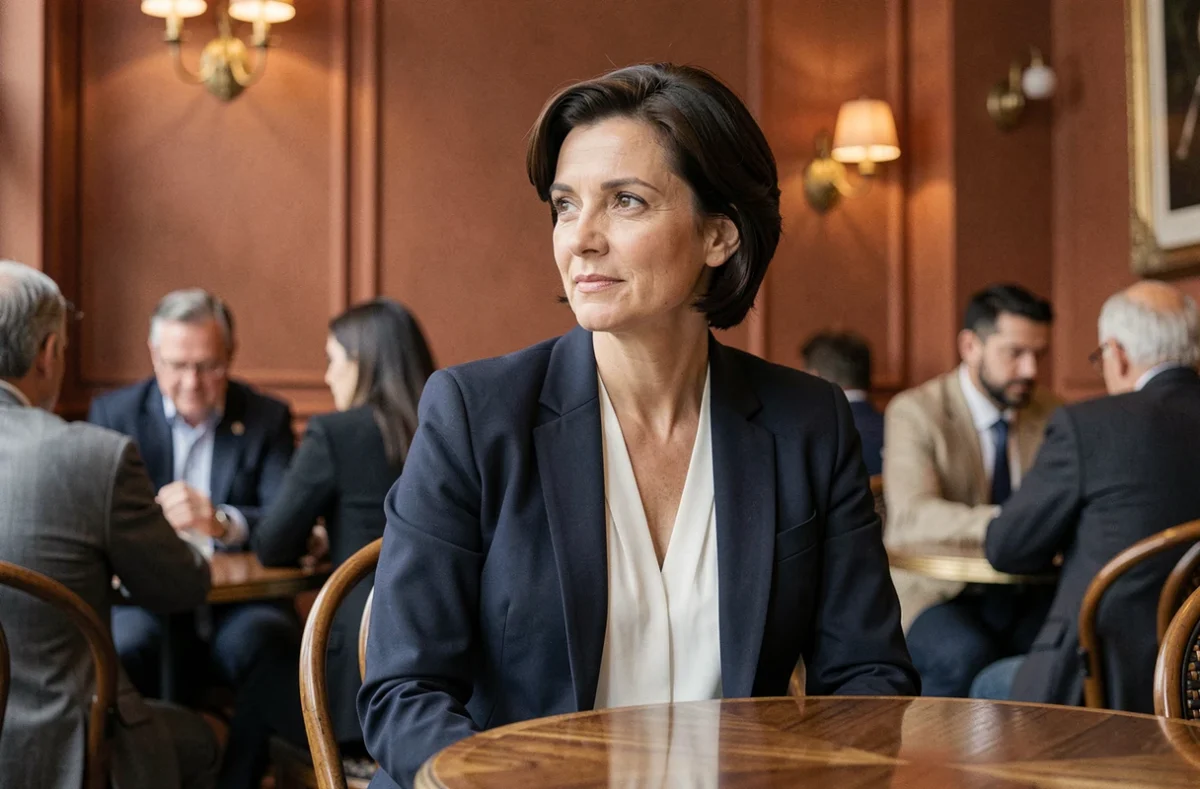 Femme élégante française dans un café parisien, portrait éditorial illustrant la vie de couple d'un journaliste connu