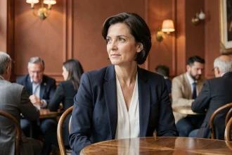 Femme élégante française dans un café parisien, portrait éditorial illustrant la vie de couple d'un journaliste connu