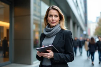 Femme journaliste en ville avec bloc-notes et téléphone