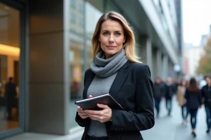 Femme journaliste en ville avec bloc-notes et téléphone