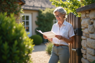 Femme lisant des documents fiscaux devant une maison de campagne