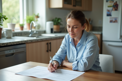 Femme moyenne âge lisant documents de prêt immobilier