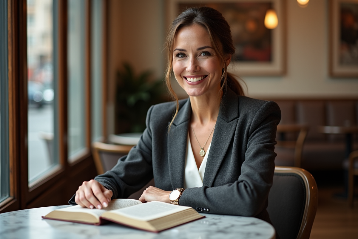 Femme confiante lisant un livre dans un café intérieur