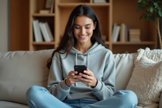 Jeune femme jouant à Monopoly GO sur son smartphone depuis son canapé, consultant des liens de dés gratuits
