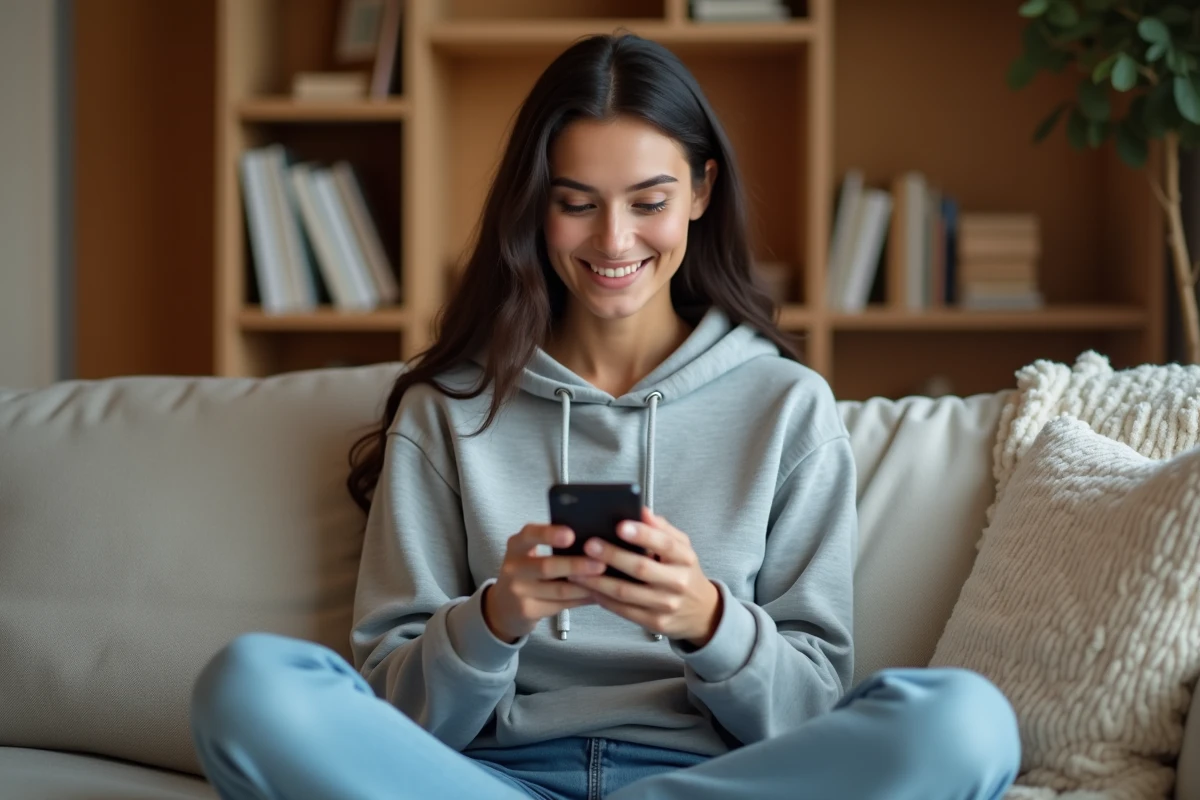Jeune femme jouant à Monopoly GO sur son smartphone depuis son canapé, consultant des liens de dés gratuits