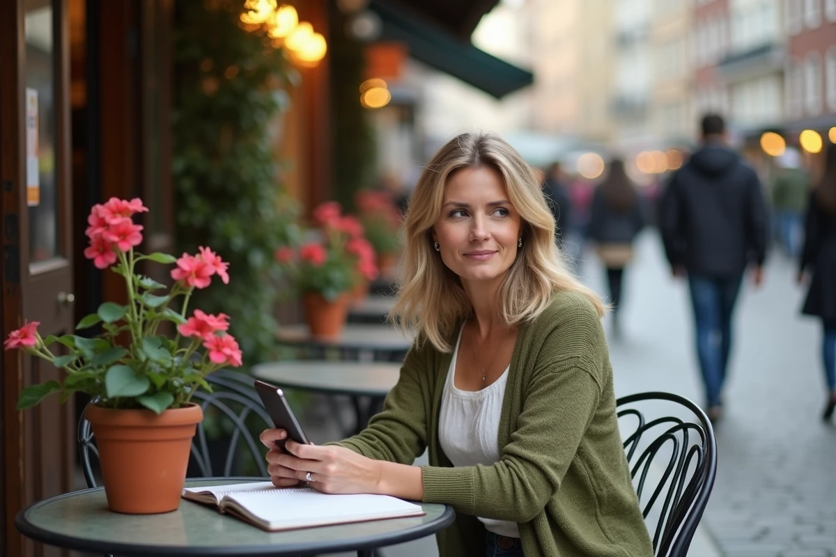 Femme prenant des notes d'astuces pratiques sur son smartphone dans un café en terrasse pour simplifier son quotidien