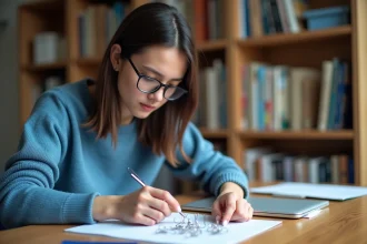 Jeune femme organise des trombones en formes géométriques dans un bureau