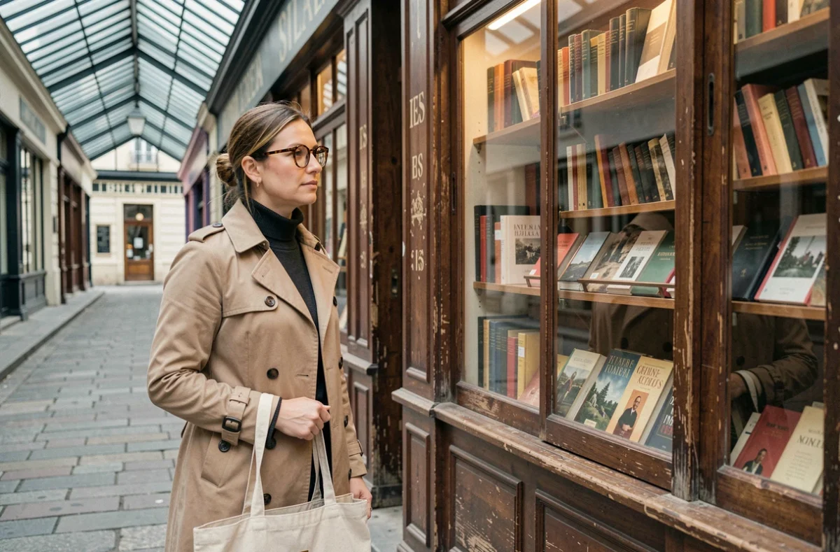 Femme en trench-coat beige observant la vitrine d'une librairie ancienne dans un passage couvert parisien