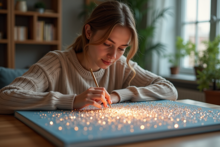 Jeune femme posant des perles de diamants sur une toile