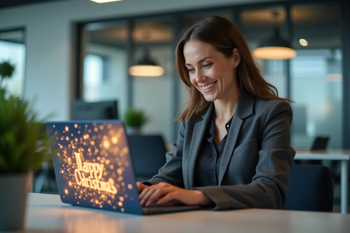 Femme professionnelle consultant une cybercarte animée de vœux d'entreprise sur un ordinateur portable dans un bureau moderne