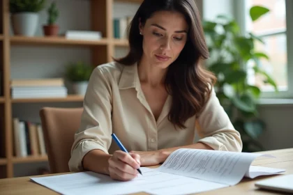 Femme concentrée remplissant un questionnaire dans un bureau à domicile