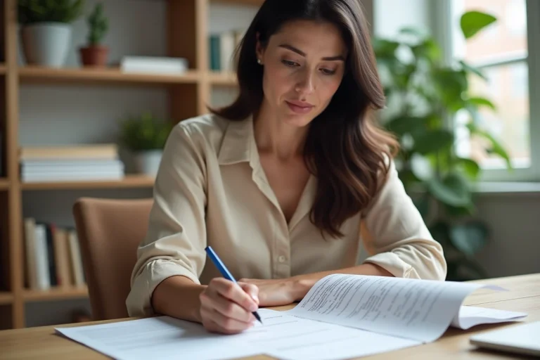 Femme concentrée remplissant un questionnaire dans un bureau à domicile