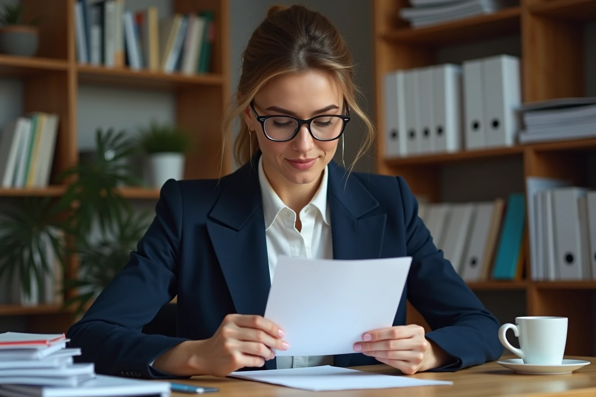 Femme professionnelle rédigeant une lettre de résiliation recommandée à son bureau à domicile