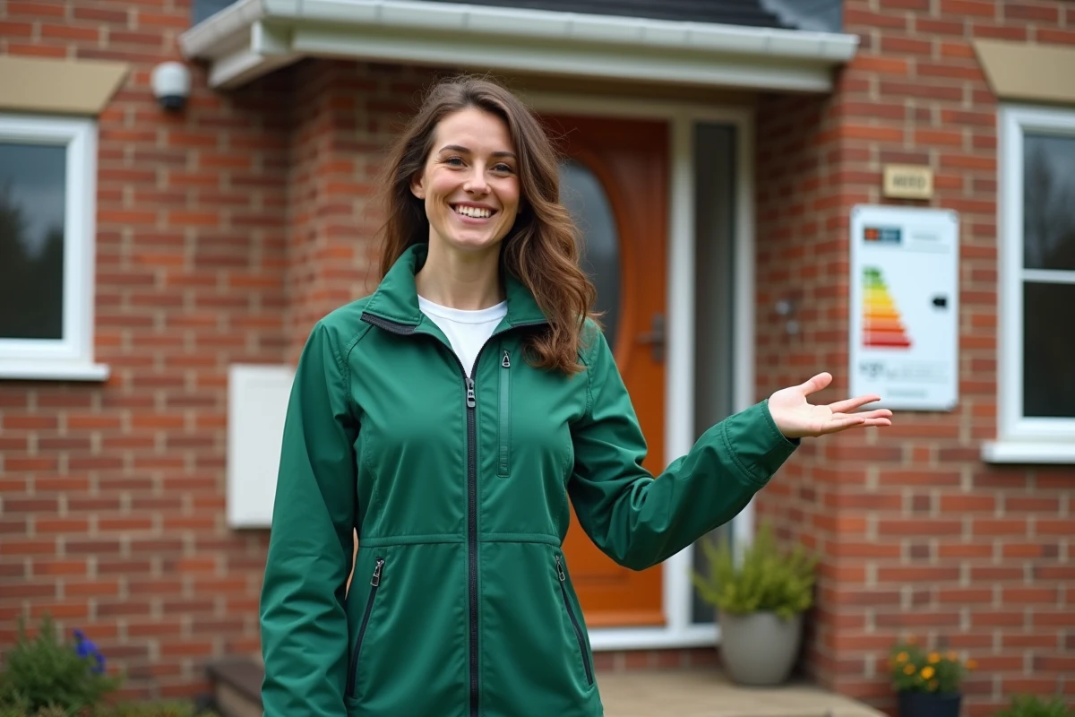 Jeune femme fiere devant sa maison renovée et etiquettes energie