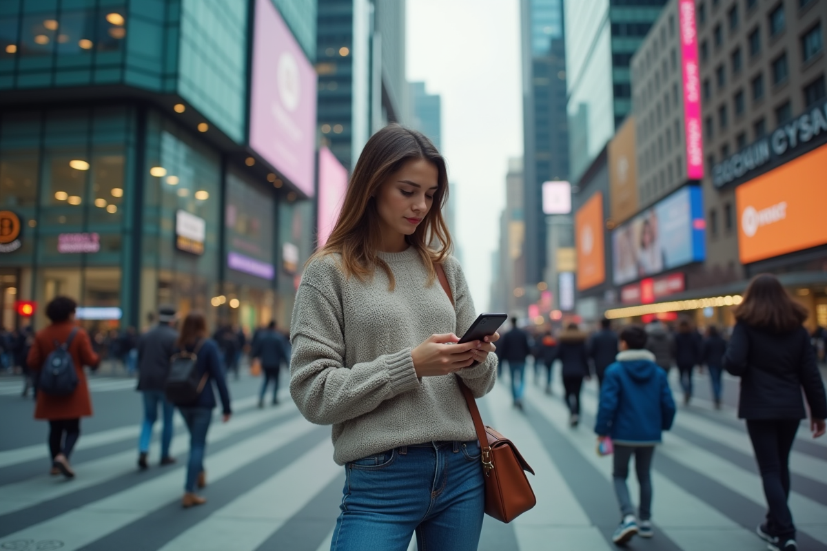 Jeune femme vérifiant son portefeuille crypto en ville