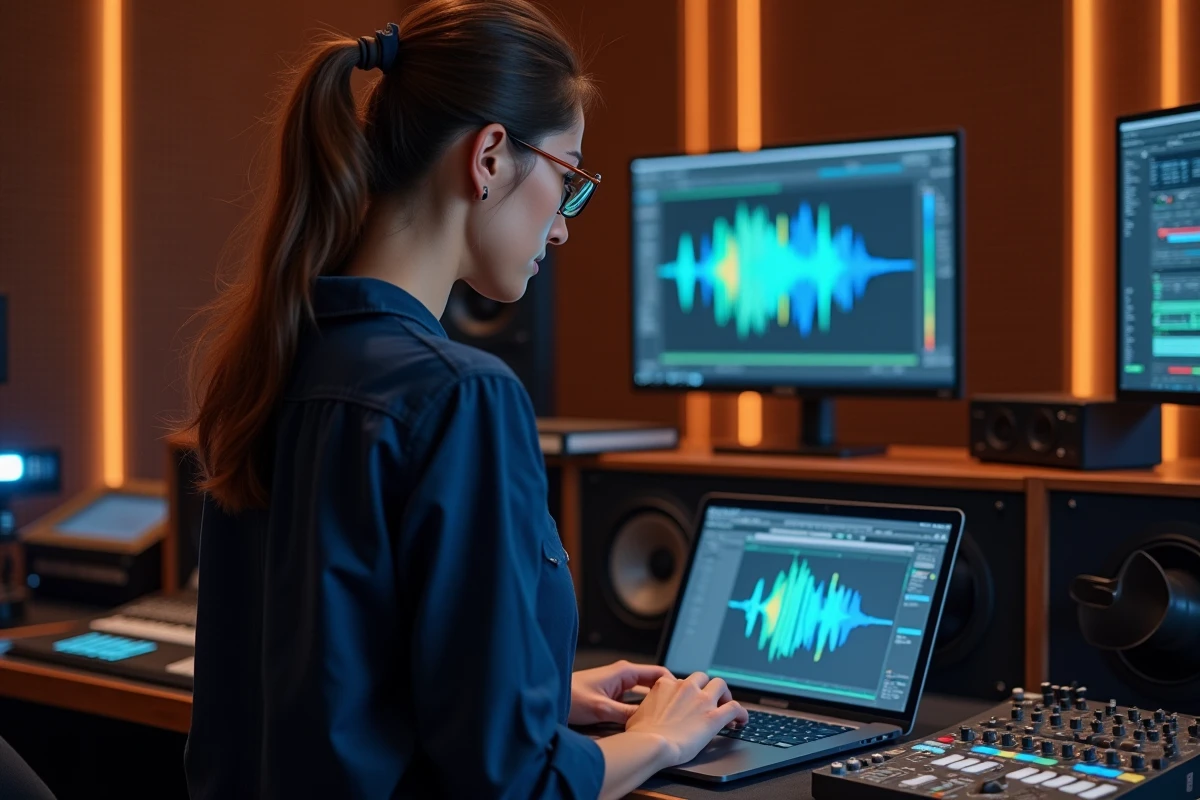 Femme en studio de musique analysant un graphique sonore