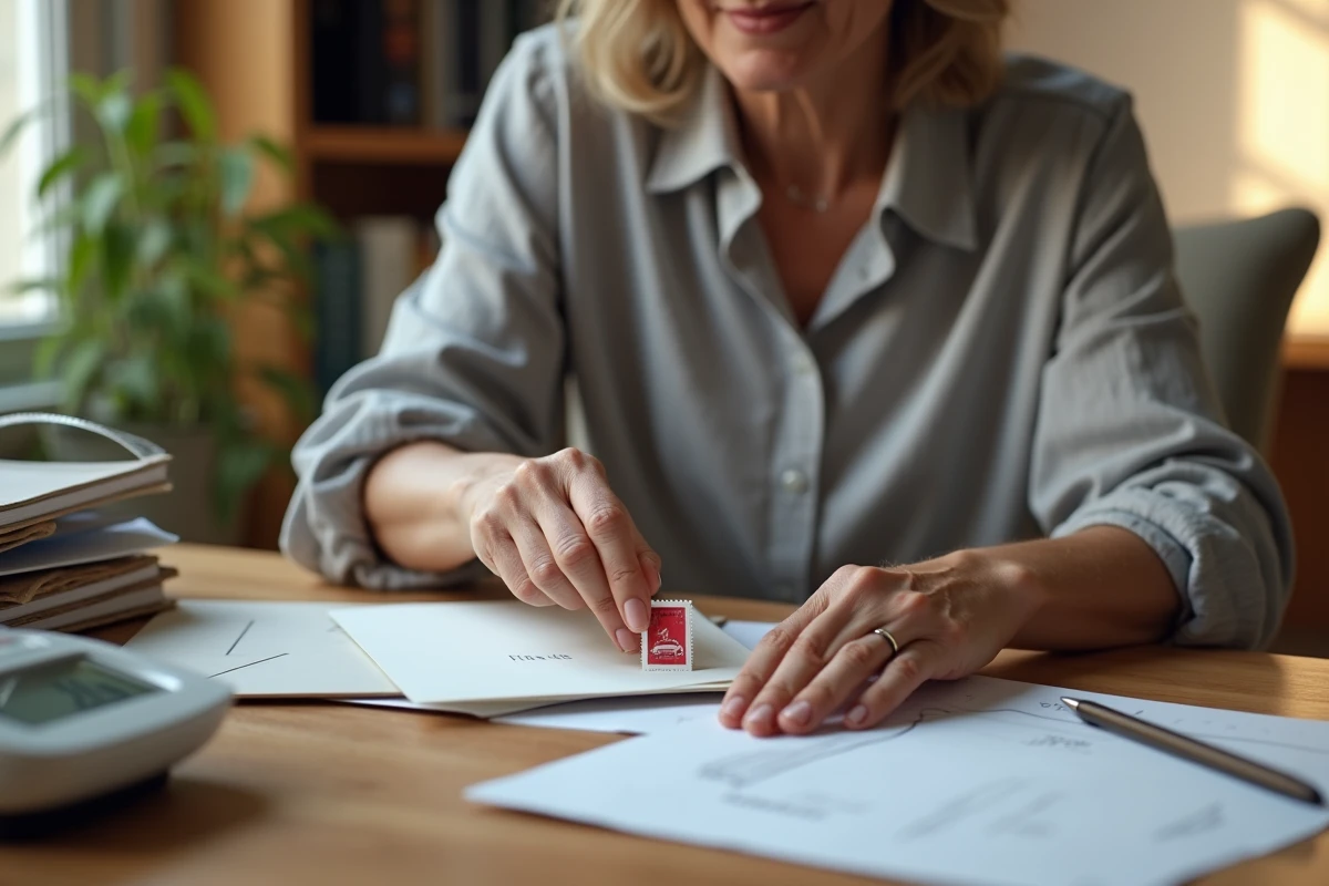 Femme collant un timbre sur une enveloppe avec une balance postale sur son bureau à domicile