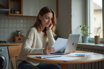 Femme concentrée à son bureau dans une cuisine modeste