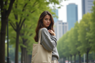 Jeune femme en ville avec sac reutilisable et vetements eco