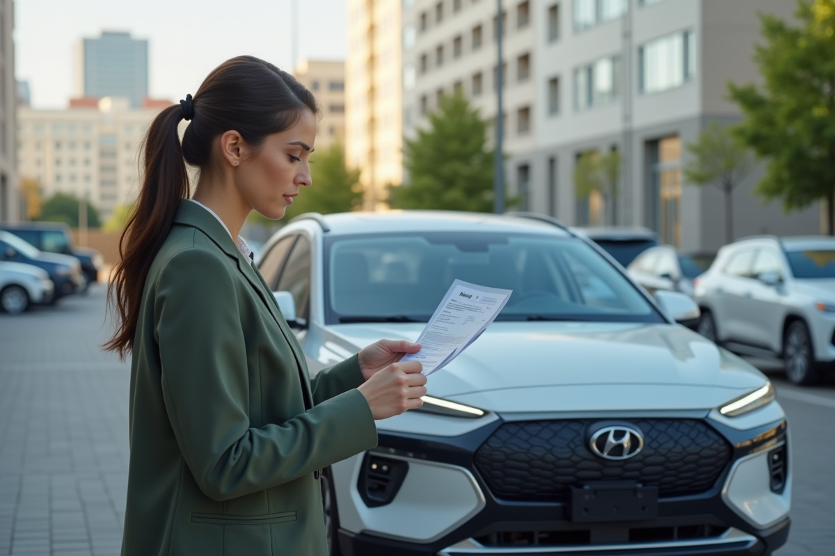 Femme vérifiant une facture de batterie hybride dans un parking