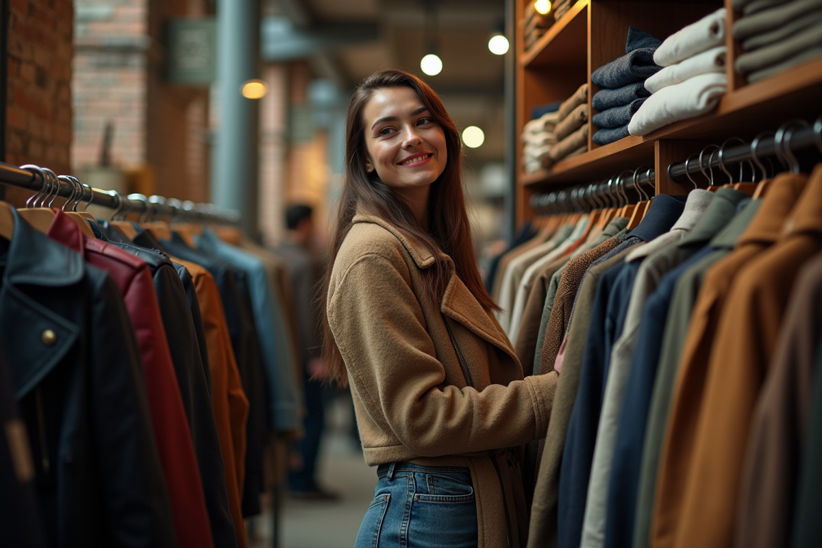 Femme portant un manteau en laine vintage dans une boutique