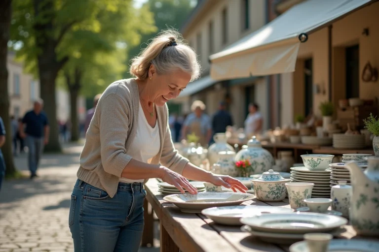 Femme examinant des assiettes en porcelaine vintage lors d'un vide grenier