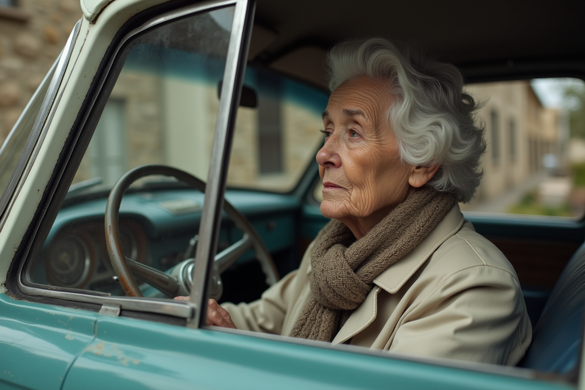 Femme âgée regardant par la fenêtre de sa voiture vintage