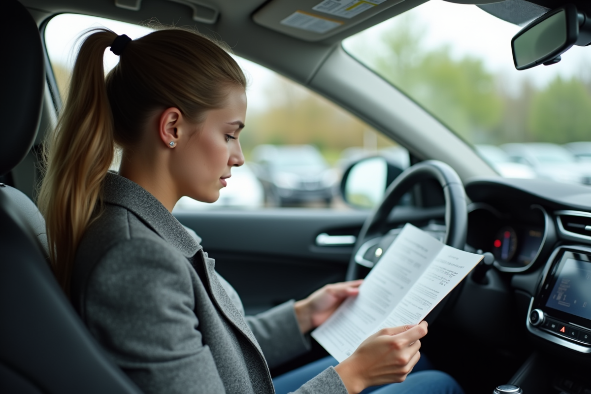 Jeune femme lisant un manuel dans une voiture moderne