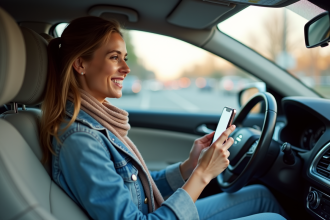 Femme souriante prenant une photo de son tableau de bord en voiture