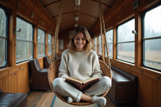 Femme souriante dans un train vintage rénové