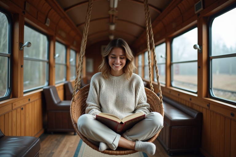 Femme souriante dans un train vintage rénové