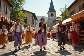 Musiciens en costume folklorique jouant lors d'une fête de village traditionnelle en Aveyron, place pavée animée avec habitants et artisans locaux