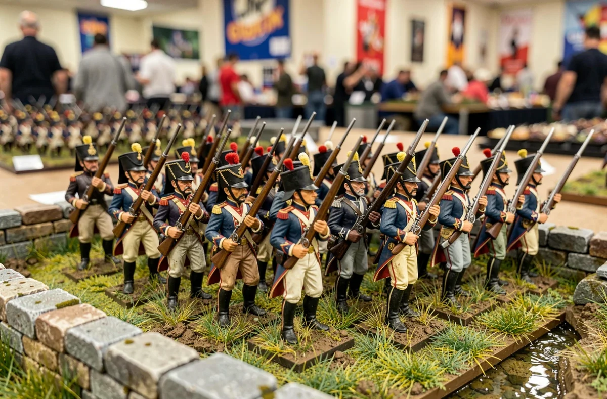 Gros plan sur des figurines de soldats napoléoniens peintes à la main en formation de bataille sur un terrain de diorama lors d'une convention de wargame historique