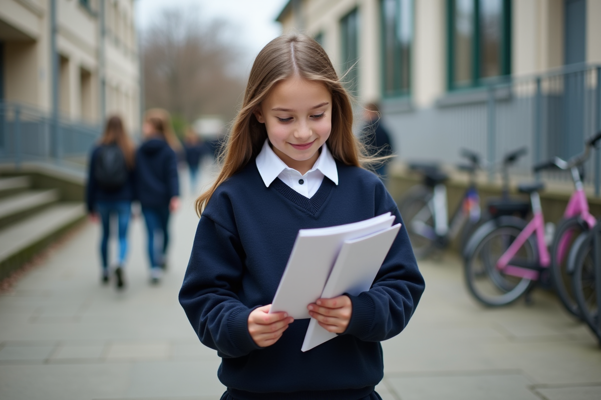 Fille d ecole en extérieur regardant son bulletin