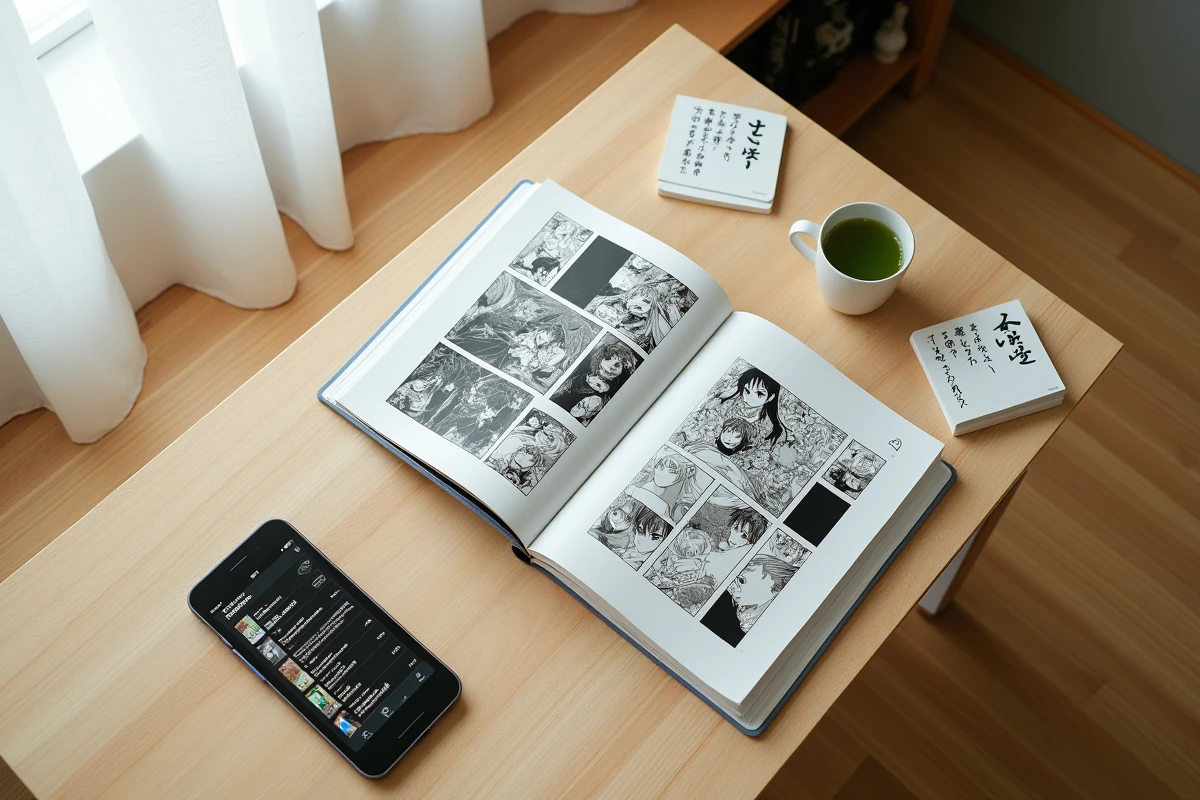 Flat lay de volumes de manga culte et smartphone affichant une bibliothèque de scans en ligne sur une table en bois